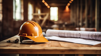 Wall Mural - Architectural blueprint and helmet on the table at the construction site