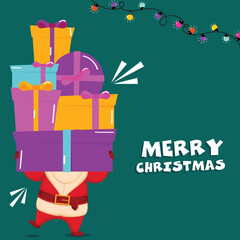 Sticker - Merry Christmas Celebration Concept With Santa Claus Holding Gift Boxes, Lighting Garland On Teal Background.