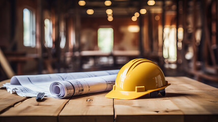 Architectural blueprint and helmet on the table at the construction site