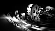 Creative Retro Mono Chromatic Movie Film Background With Film Strips Spools And Reels