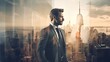 Young Hispanic man entrepreneurship in professional looking standing in front of big city with double exposure technique photograph, businessman in luxury suit looking to the future on business goal