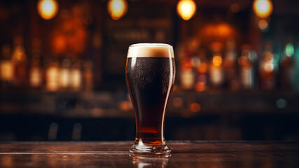 Glass of dark beer on a bar counter in a pub or restaurant