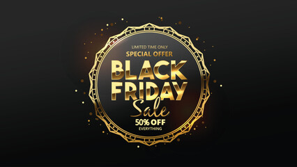 Wall Mural - Black Friday discount promotion design with golden text and golden frame.