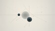 Minimalist composition with two gray spheres aligned diagonally, connected by thin lines and dots, against a light background, suggesting a molecular or solar system model.