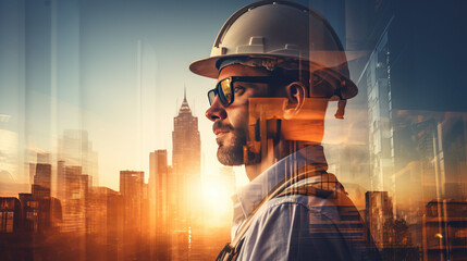 Double exposure of Engineer with safety helmet on construction site background. Engineering and architecture concept