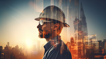 Double exposure of Engineer with safety helmet on construction site background. Engineering and architecture concept