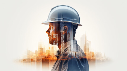 Wall Mural - Double exposure of Engineer with safety helmet on construction site background. Engineering and architecture concept