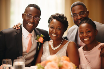 Wall Mural - African American bride and groom at a wedding taking pictures with their parents.