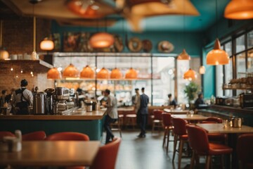 Wall Mural - Blur coffee shop or cafe restaurant, Blurred restaurant background with some people and chefs and waiters working. Generative Ai.