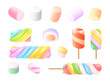 Realistic marshmallows. 3d marshmallow or twisted gummy candy, color swirl lollipops gelatin spiral sweets pink pastel on stick for toasting