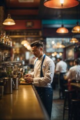 Wall Mural - Blur coffee shop or cafe restaurant, Blurred restaurant background with some people and chefs and waiters working. Generative Ai.