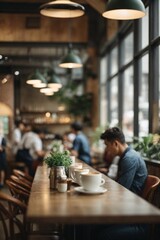 Wall Mural - Blur coffee shop or cafe restaurant, Blurred restaurant background with some people and chefs and waiters working. Generative Ai.