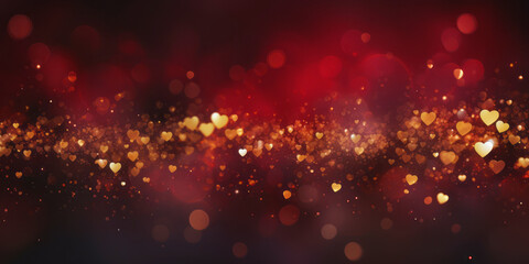 Wall Mural - Golden bokeh in the shape of hearts on red background. Celebrating Valentine's day.