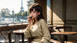 Beautiful young woman drinking coffee in Paris near the Eiffel tower