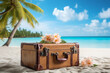 travel suitcase on the beach. Summer concept background