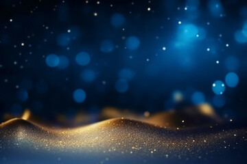 Wall Mural - golden abstract bokeh, waves and particles on blue background. celebrating christmas, new year or ot