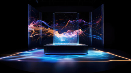 Cutting-edge futuristic podium with transparent acrylic surface. Displays dynamic 3D holograms of showcased product.