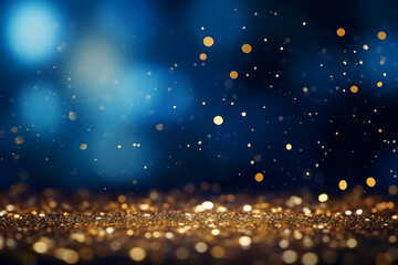 Wall Mural - golden abstract bokeh on blue background. celebrating christmas, new year or other holidays.