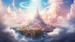 Ethereal city with spires and suspension bridges floating among clouds.