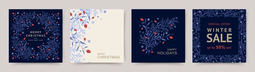 Wall Mural - winter holidays square templates with сhristmas tree branches, berries and snowflakes. christmas fol