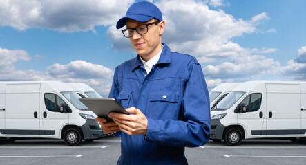 Poster - Manager with a digital tablet on the background of vans. Fleet management