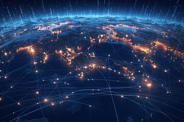 Connection lines around the Earth's surface, future technology backdrop with circles and lines. Internet, social media, travel, or logistical concepts.