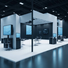 Modern IT Business Gaming Convention With Demonstration Booths And Monitors, Large Hall Interior, Generative AI