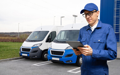 Poster - Manager with a digital tablet on the background of vans. Fleet management