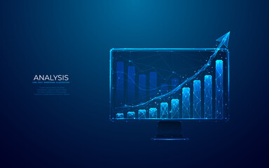Leinwandbilder - Abstract growth graph chart with tech arrow up on computer monitor screen. Data analysis concept on technology background in digital futuristic light blue style. Low poly wireframe vector illustration