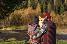 Couple Embracing Corgi Dog Near Riverbank In Park On Weekend