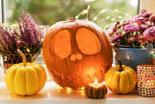 Halloween Decoration Of Jack O' Lantern With Pumpkins And Flowers Near Candle On Window Sill