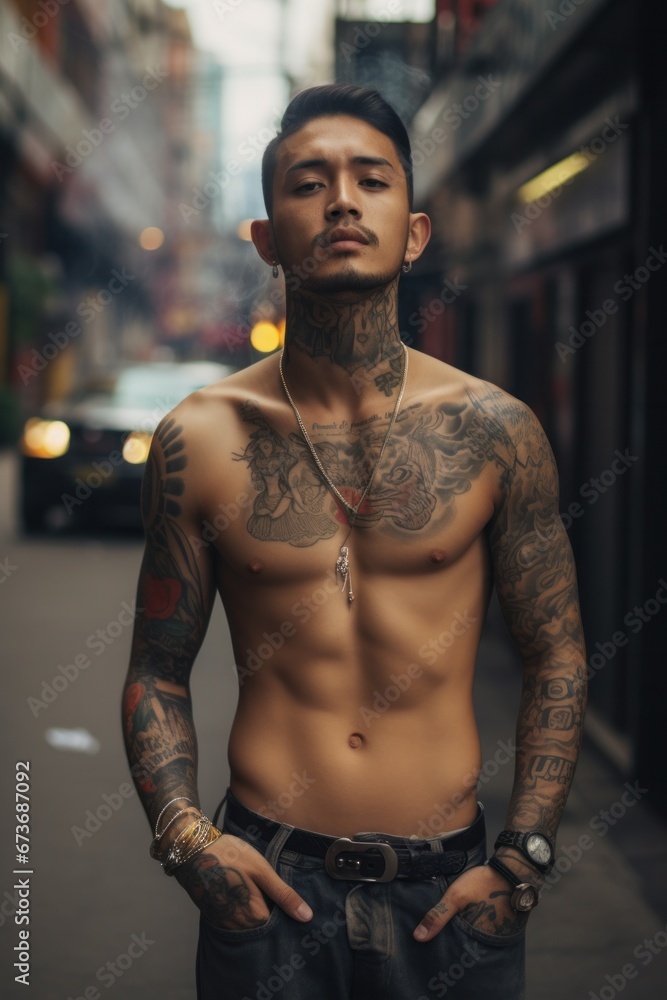 A rugged man with tattoos adorning his bare chest and strong abdomen ...