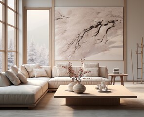 Wall Mural - The elegant design of the indoor living room is enhanced by the vibrant colors of the large painting on the wall, as the soft cushions of the couch and loveseat invite you to relax and admire the bea