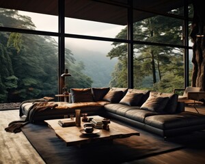 Wall Mural - A cozy living room with floor-to-ceiling windows, a plush couch and loveseat, surrounded by lush indoor plants, inviting the outside in for a harmonious blend of comfort and nature