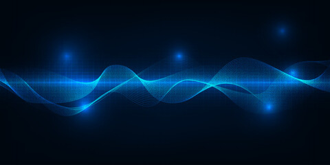 Abstract futuristic digital technology background with glowing waveform wireframe net and grid horizontal space.Digital communication innovation and technology concepts.