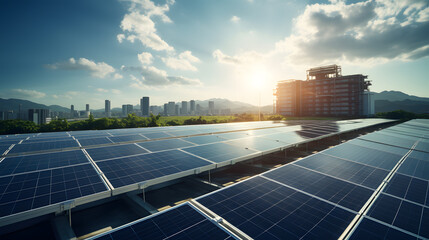 A futuristic depiction of vast solar panel installations under a bright sun, demonstrating renewable energy as a crucial solution in the fight against climate change.