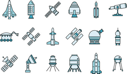 Poster - Planet space research technology icons set. Outline set of planet space research technology vector icons thin line color flat on white