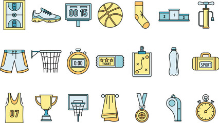 Poster - Basketball game equipment icons set. Outline set of basketball game equipment vector icons thin line color flat on white