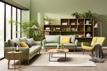 Green sofa and chair against green wall with book shelf. Scandinavian home interior design of modern living room with greenery.