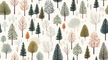 Many Different Winter Trees In Forest As Seamless Background Texture