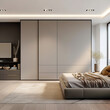 Grey wardrobe in minimalist style interior design of modern bedroom.