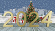 Illustrazione 3D. Anno nuovo 2024. Capodanno 2024 in numeri e con decorazione natalizia.