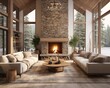 © mockupzord - Cozy and inviting, a stone fireplace glows in the den of an indoor oasis, adorned with plush couches and a loveseat, surrounded by walls of windows and a high ceiling in this stunning house
