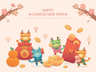 Wall Mural - Chinese New Year with cute dragon character or mascot, red paper package with gold coins and gold ingots with plum blossoms, vector cartoon style, translation: spring