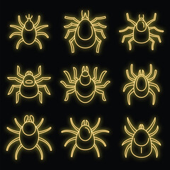 Poster - Dust mite icons set. Outline set of dust mite vector icons neon color on black