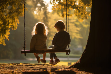 Poster - Experience a sun-drenched park, where two children take turns on a swing, their laughter resonating through the air, 
while trees cast tender shadows, capturing the essence of youthful camaraderie.