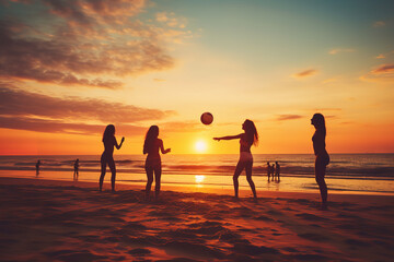 Canvas Print - Revel in a beach scene bathed in sunset's glow, where friends engage in a spirited game of volleyball, the ocean's waves mirroring the golden sky, 
showcasing carefree delight and friendly rivalry.