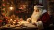 Santa Claus reading letters in cozy room