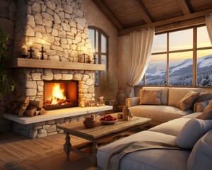 Wall Mural - Cozy den adorned with a plush loveseat and rustic stone fireplace, inviting you to curl up on the couch and bask in the warmth of the hearth