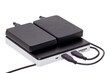 External DVD CD usb burner drive and player with integrated USB interfaces (two connected with hard drives), SD TF and micro connections. Clipping path. Computer accessories.